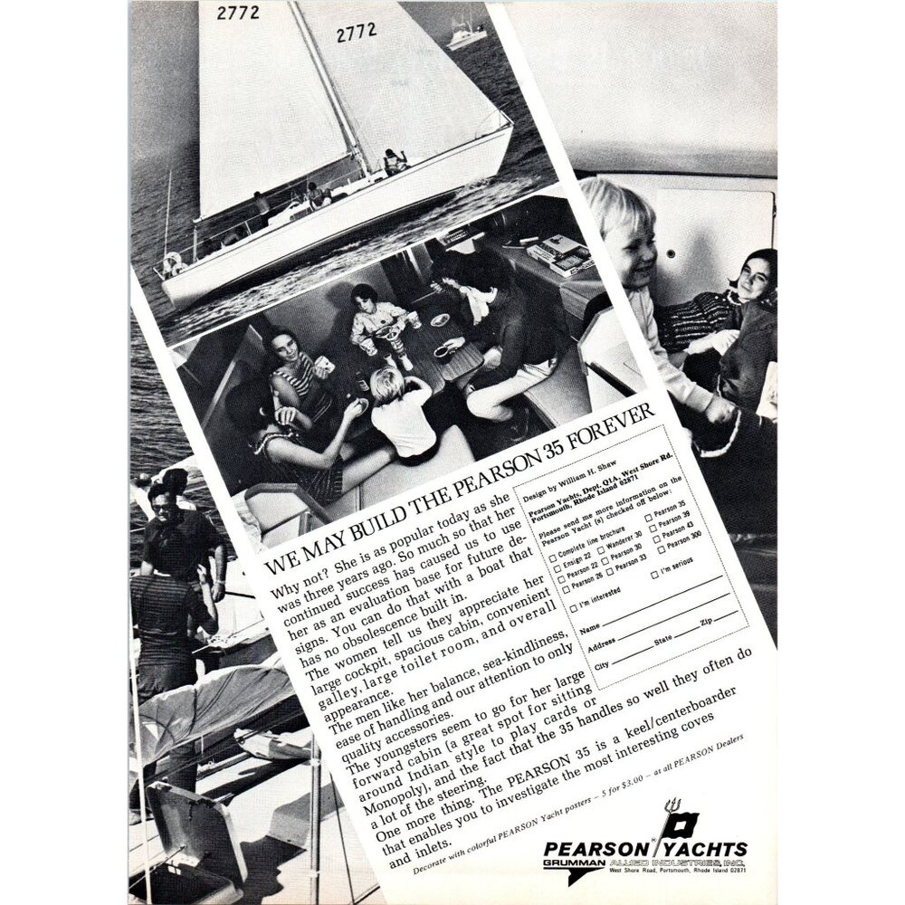1971 Pearson 35 Sailing Yacht Family Dinner Vintage Print Ad Nautical Wall Art